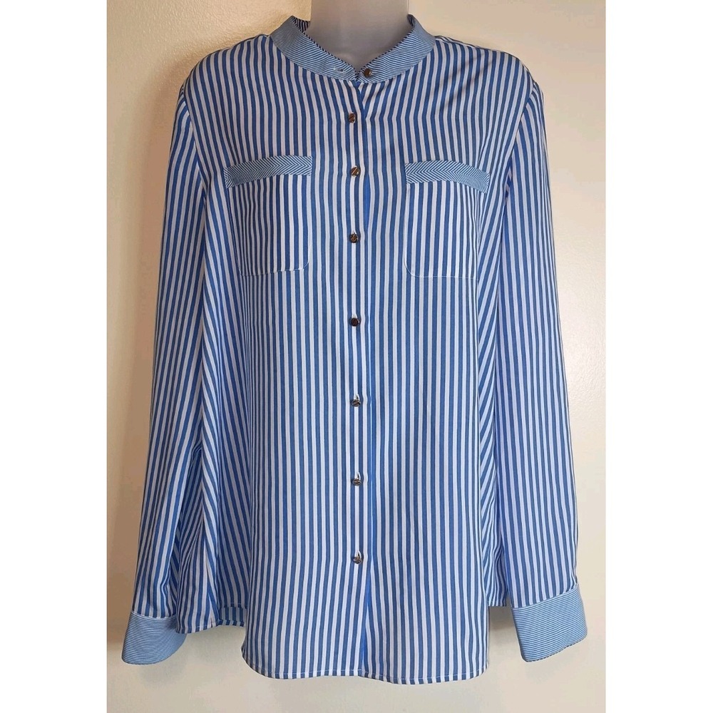 Banana Republic Size M Blue White Striped Blouse Band Collar Gold Button Preppy